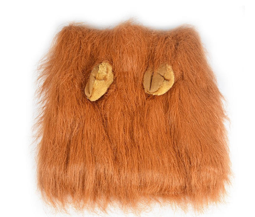 Lion Mane Dog Costume – furry brown pouch with gold accents on a white background