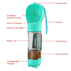 Parts of a 3-in-1 dog water bottle with drinking trough, food box, and bag storage