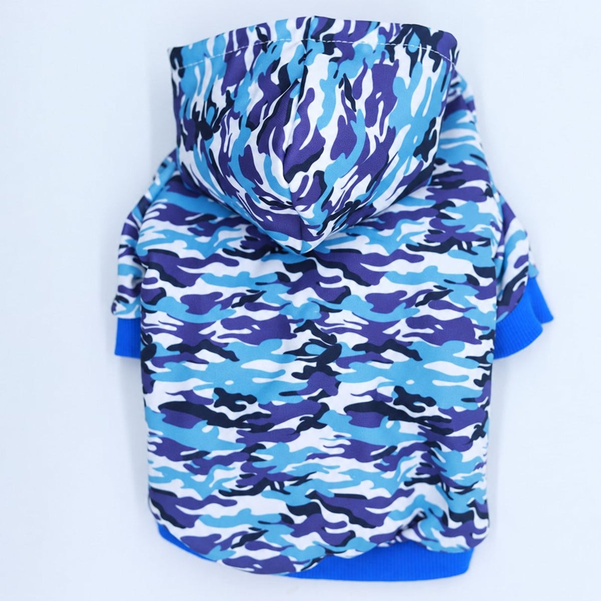 Blue Camouflage Dog Hoodie – small hooded pet sweatshirt with blue, purple, and white camouflage pattern, shown from the back
