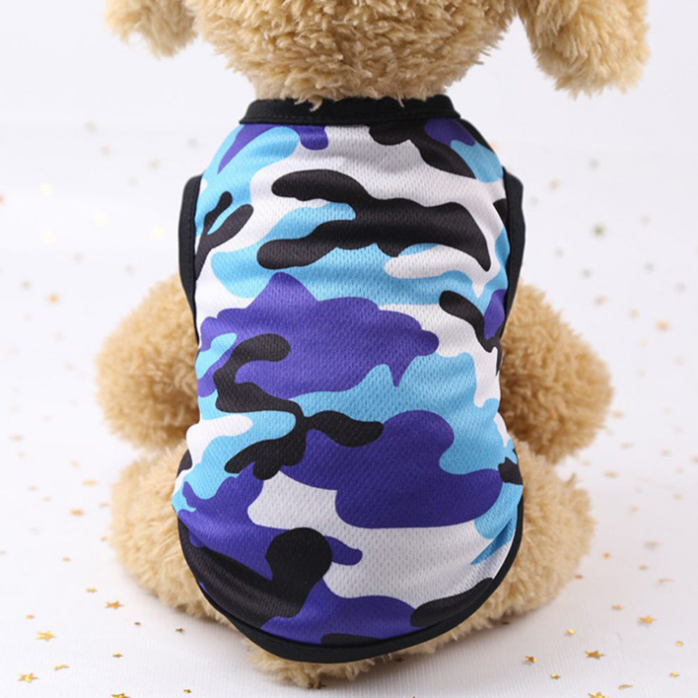 Camouflage Mesh Dog Vest – dog wearing a blue and black camouflage shirt on a white background