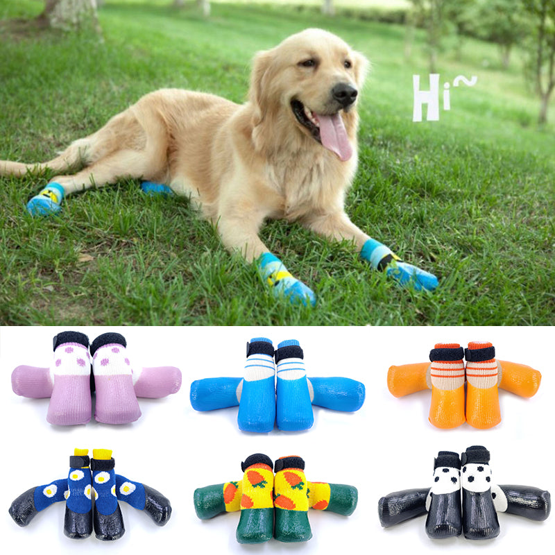 Non-Slip Dog Paw Socks – golden retriever wearing blue dog socks on grass, with six pairs shown