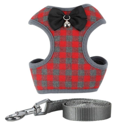 Plaid Bow Tie Pet Harness & Leash – red and gray plaid dog harness with a bow tie and leash on a white background