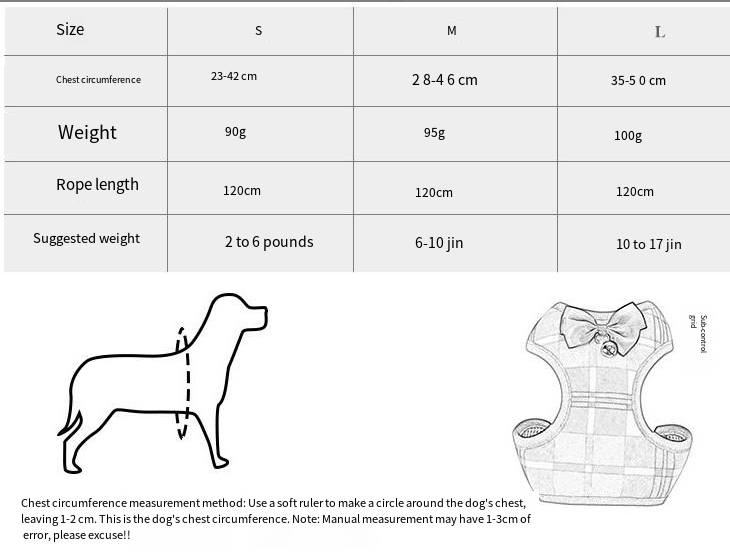 Plaid Bow Tie Pet Harness & Leash – size chart and product illustration for a dog harness with measurements and weight guidelines