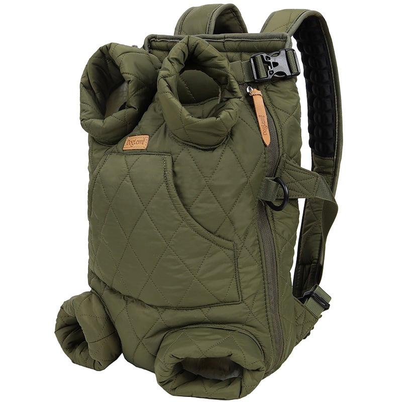 Front-Carry Pet Sling – green quilted pet carrier backpack on a white background