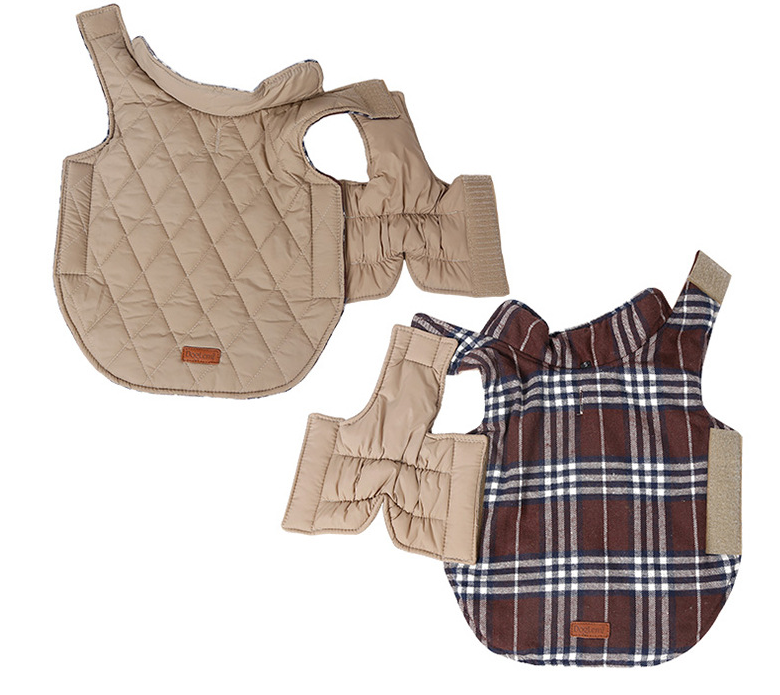 Reversible Plaid Dog Jacket – two dog vests, one beige quilted and the other plaid, on a white background