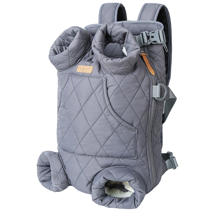 Front-Carry Pet Sling – gray quilted pet carrier backpack on a white background