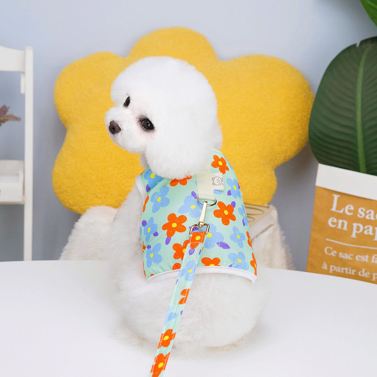 Floral Dog Harness & Leash – small white dog wearing a colorful floral harness on a white surface