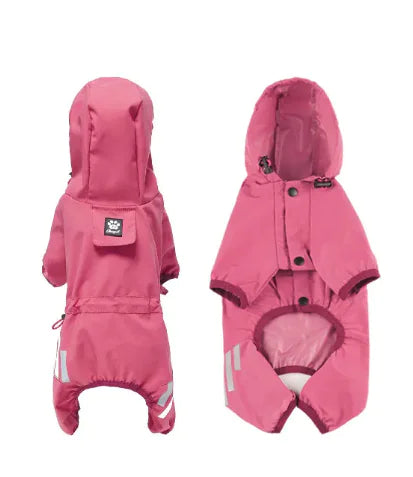 Rose-red hooded dog raincoat shown from front and back