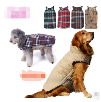 Reversible Plaid Dog Jacket – two dogs wearing different dog coats with plaid and solid color coats displayed