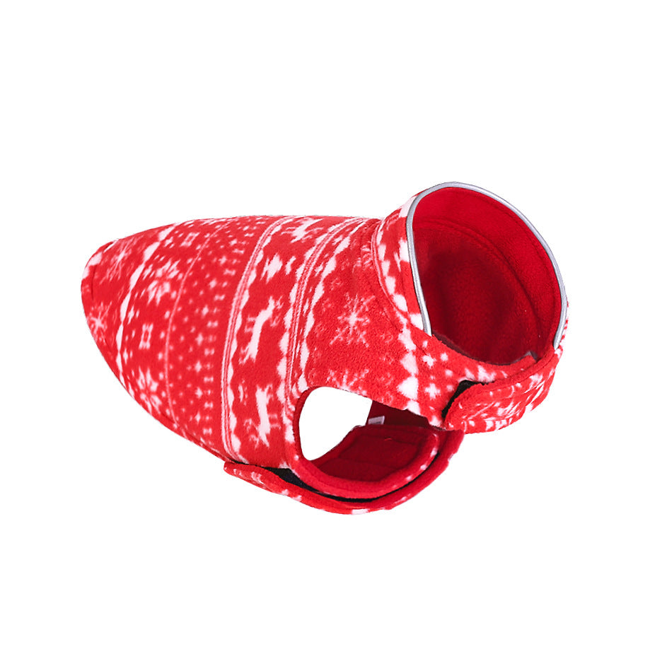 Christmas Fleece Dog Sweater – red dog coat with white snowflake pattern on a white background