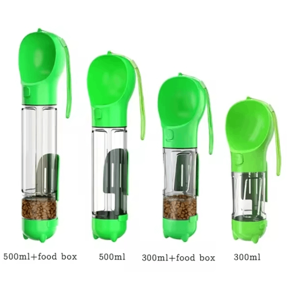 Green dog water bottle size comparison with attached food containers