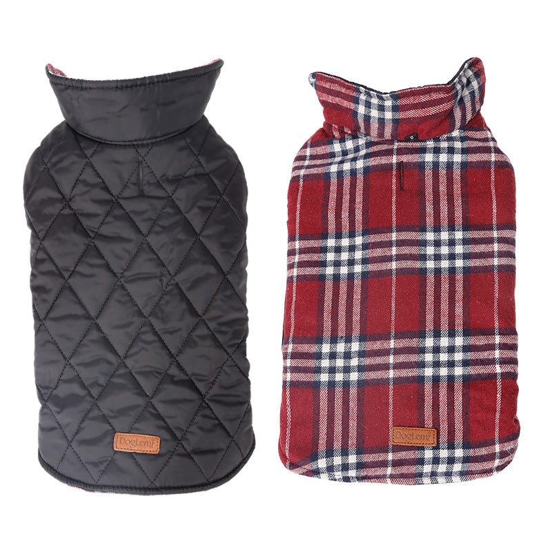 Reversible Plaid Dog Jacket – two dog vests, one quilted black and the other plaid red, on a white background