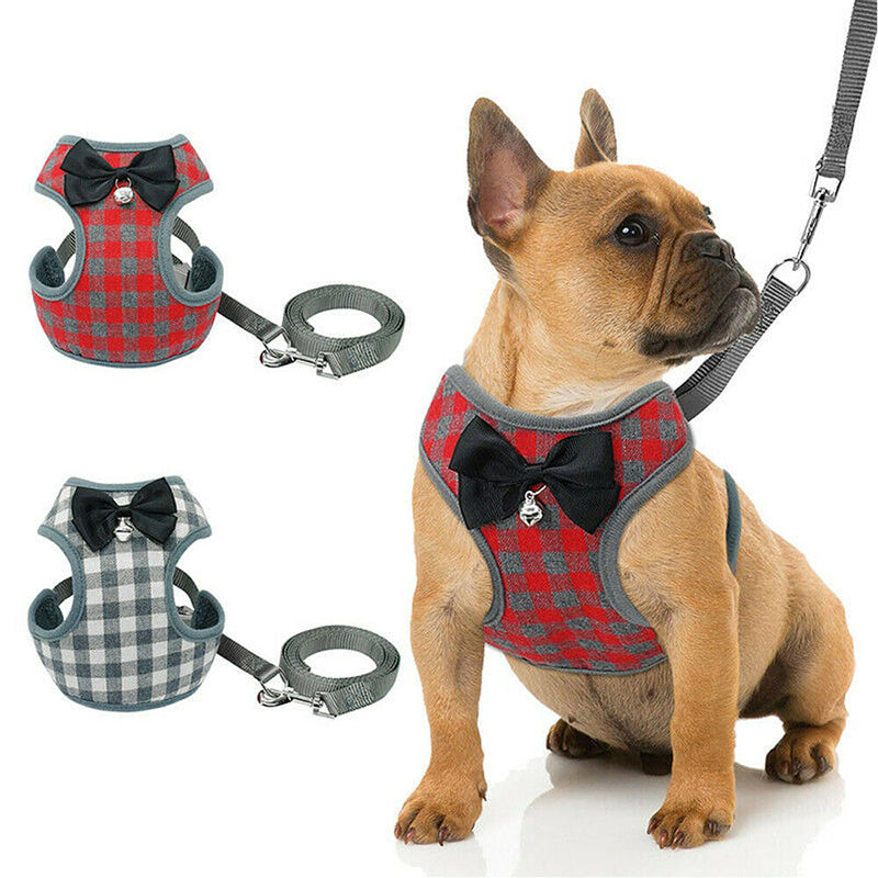 Plaid Bow Tie Pet Harness & Leash – dog wearing a plaid harness with a bow tie, standing next to two additional harnesses on a white background