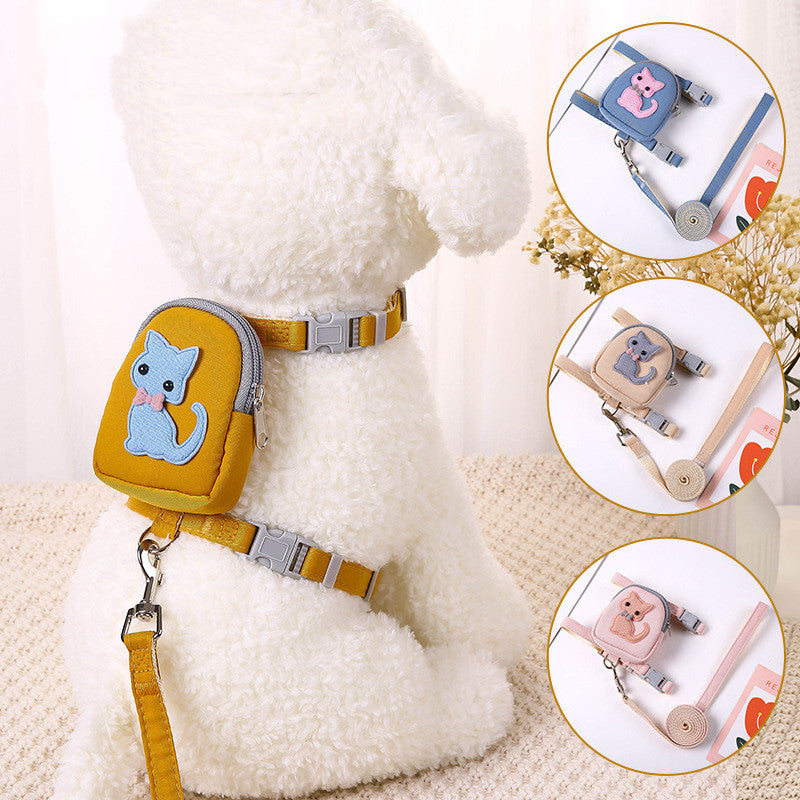 Teddy Bear Dog Backpack Harness & Leash – pet harness with cartoon character design on a fluffy white background