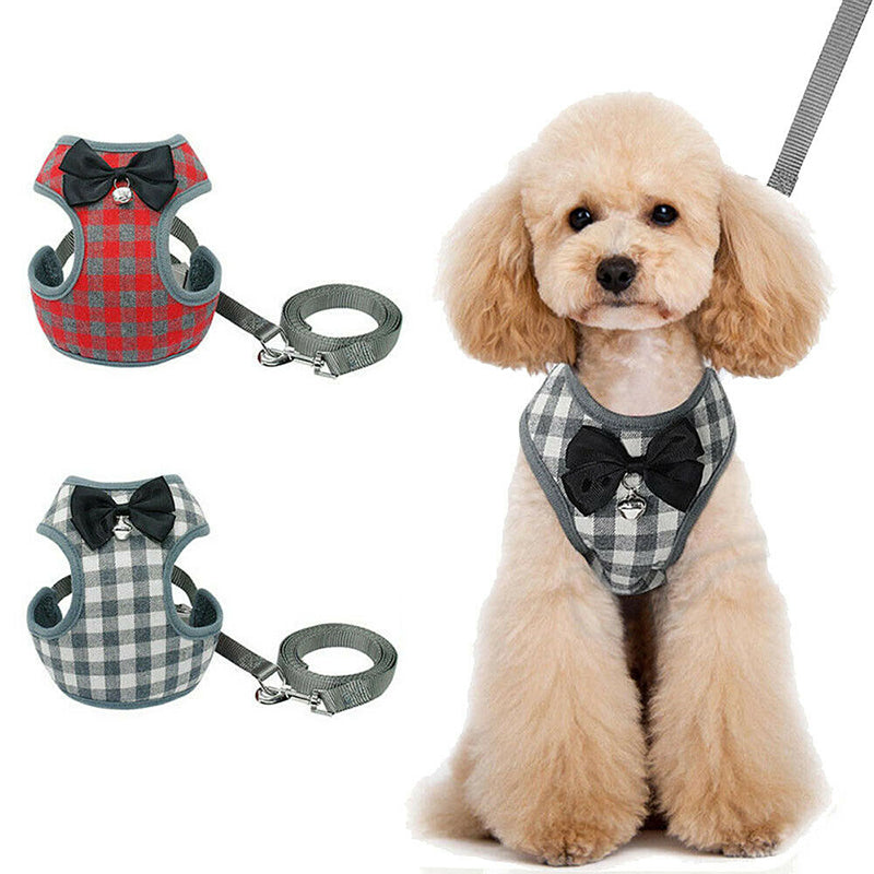 Plaid Bow Tie Pet Harness & Leash – dog wearing a checkered harness with a bow tie, next to two other checkered harnesses and a leash