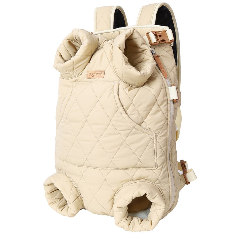 Front-Carry Pet Sling – beige quilted pet carrier backpack on a white background