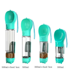 Blue-green dog water bottle size comparison with attached food containers