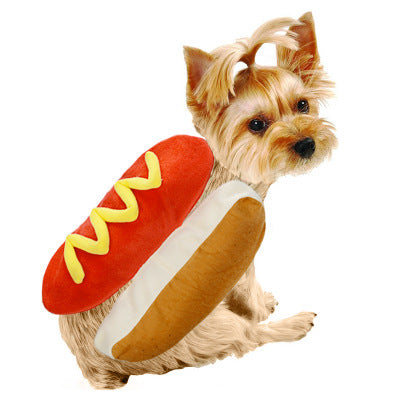 Food-Themed Pet Costume – dog wearing a hot dog costume with a white background