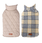 Reversible Plaid Dog Jacket – two dog coats, one quilted beige and the other plaid, on a white background