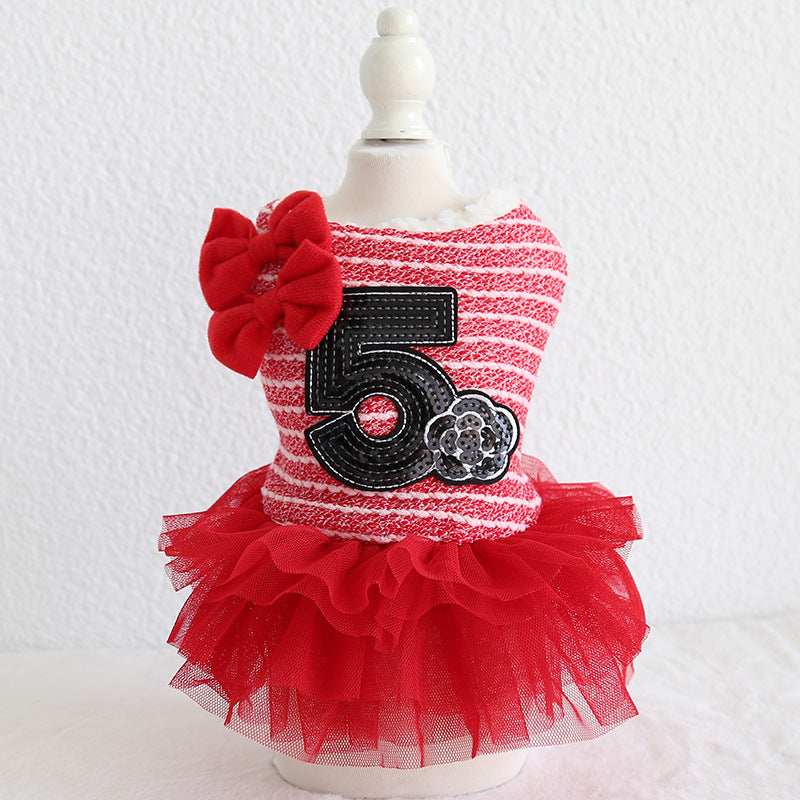 Double-Bow Dog Dress – red and pink dress with number 5 on a mannequin, product photo