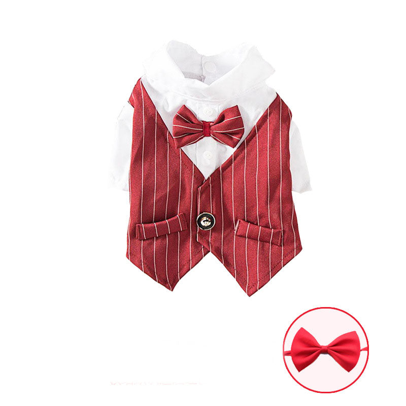 Everyday Dog Shirt – red pinstripe vest with a matching bow tie on a white background