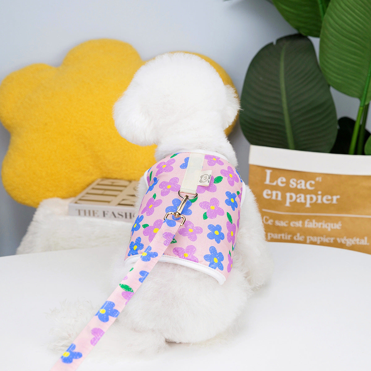 Floral Dog Harness & Leash – dog wearing a floral harness with a yellow pillow and plant in the background
