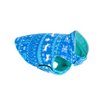 Christmas Fleece Dog Sweater – blue dog coat with white patterns on a white background
