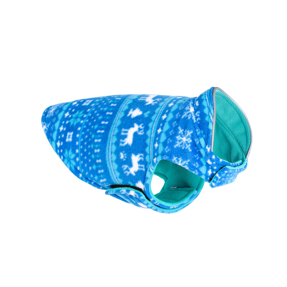 Christmas Fleece Dog Sweater – blue dog coat with white patterns on a white background