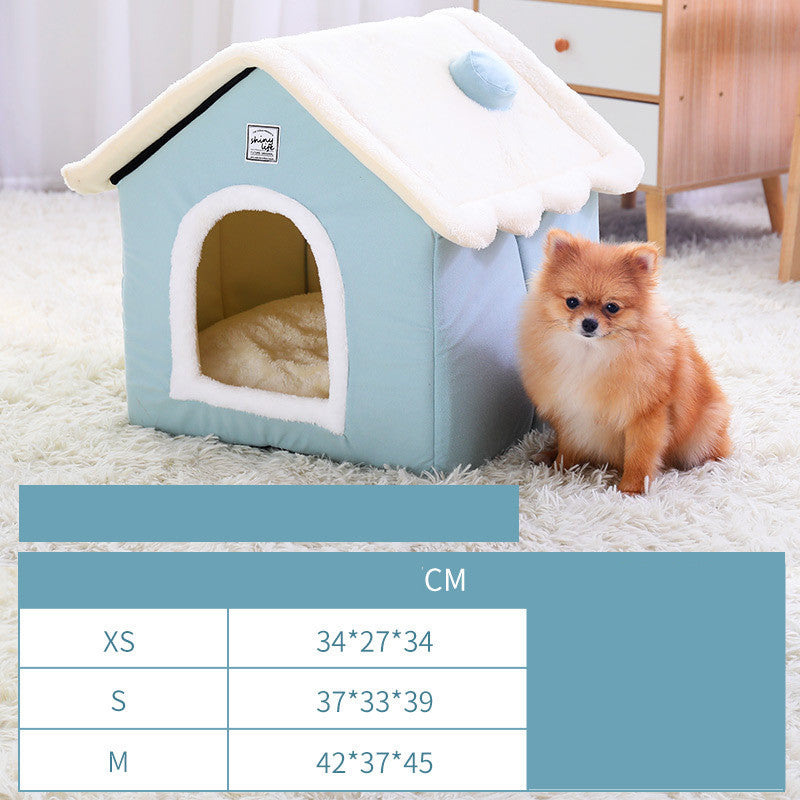 Covered Pet Cave Bed – pet house with a small dog inside, showing a size chart with measurements