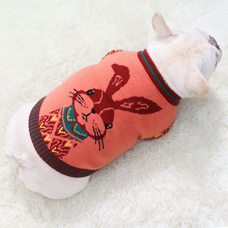 Bunny Knit Dog Sweater – dog wearing a knit sweater with a cute bunny design on a white background