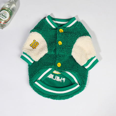 Fleece-Lined Dog Baseball Jacket – green and white dog jacket with fluffy fleece texture on a white background