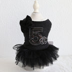 Double-Bow Dog Dress – black pet dress with number 5 and floral design, product photo