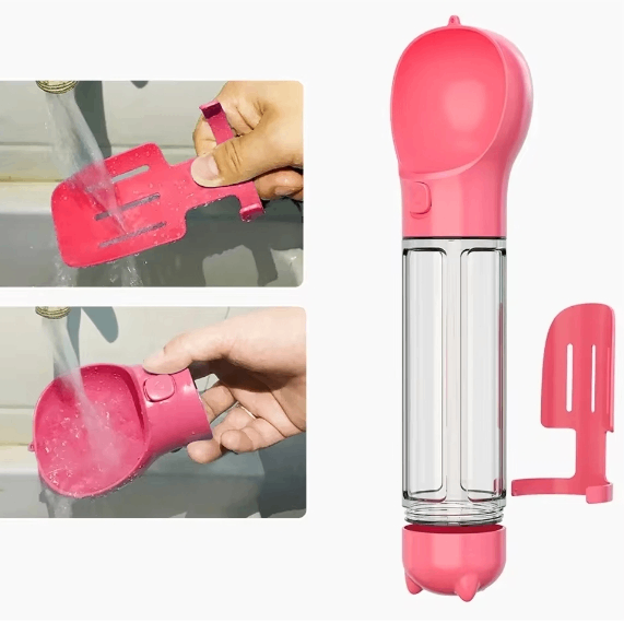 Pink portable dog water bottle with removable scoop attachment