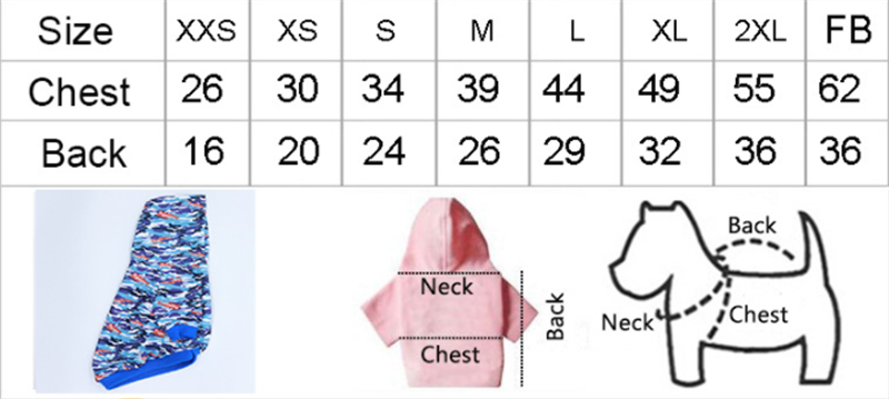 Camouflage dog hoodie size chart with chest and back measurements for XXS through 2XL and FB