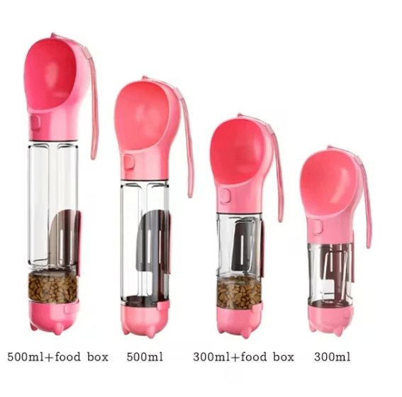 Pink dog water bottle size comparison with attached food containers