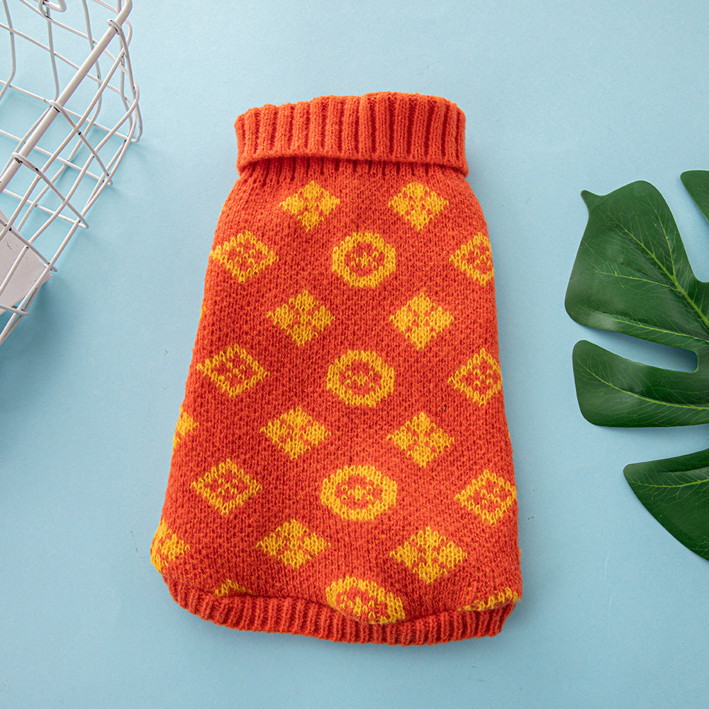 High-Neck Knit Dog Sweater – coral knitted dog sweater with yellow patterns on a blue background
