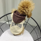 Cotton Dog Hoodie – dog wearing a 'New York' hoodie with a large pom-pom on a chair