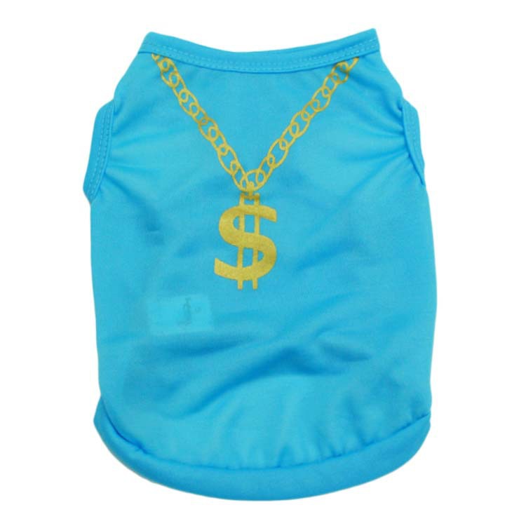 Lightweight Dog Vest – blue pet shirt with yellow dollar sign and chain design