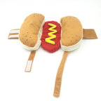 Food-Themed Pet Costume – plush hot dog toy with buns and mustard on a white background
