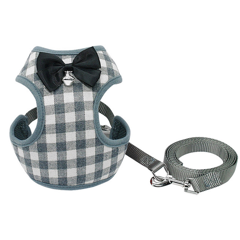 Plaid Bow Tie Pet Harness & Leash – pet harness and leash set with checkered pattern and bow tie on a white background