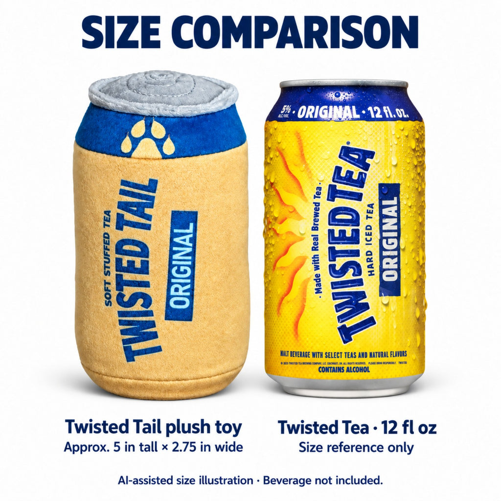 AI-assisted size illustration comparing the Twisted Tail plush toy, approximately 5 inches tall and 2.75 inches wide, with a 12 fl oz Twisted Tea can. Beverage not included.