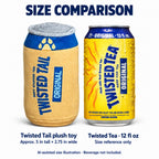 AI-assisted size illustration comparing the Twisted Tail plush toy, approximately 5 inches tall and 2.75 inches wide, with a 12 fl oz Twisted Tea can. Beverage not included.