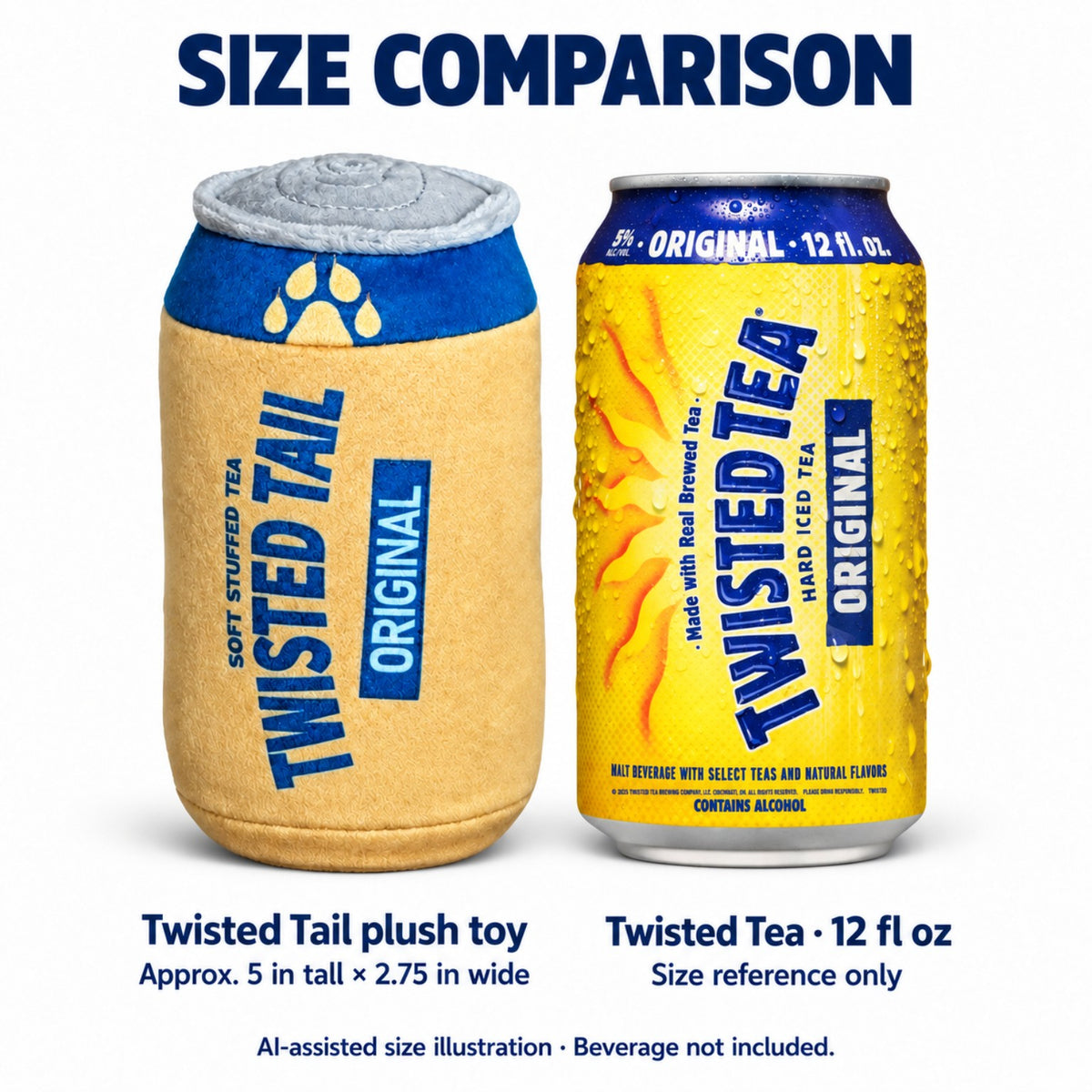 AI-assisted size illustration comparing the Twisted Tail plush toy, approximately 5 inches tall and 2.75 inches wide, with a 12 fl oz Twisted Tea can. Beverage not included.